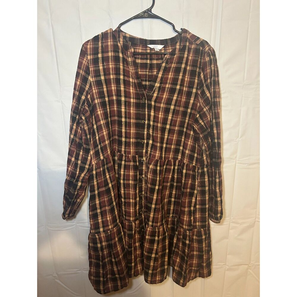 Time and Tru Shimmer Plaid Tiered Dress XL Burgundy Gold Fall Whimsigoth Boho